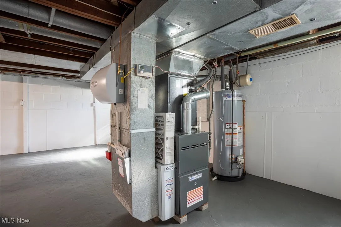 Utility room with gas water heater and heating unit