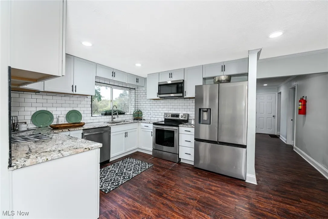 Kitchen with light stone counters, appliances with stainless steel finishes, dark wood-type flooring, recessed lighting, and decorative backsplash