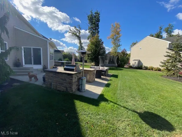 View of grassy yard with a patio area and a trampoline