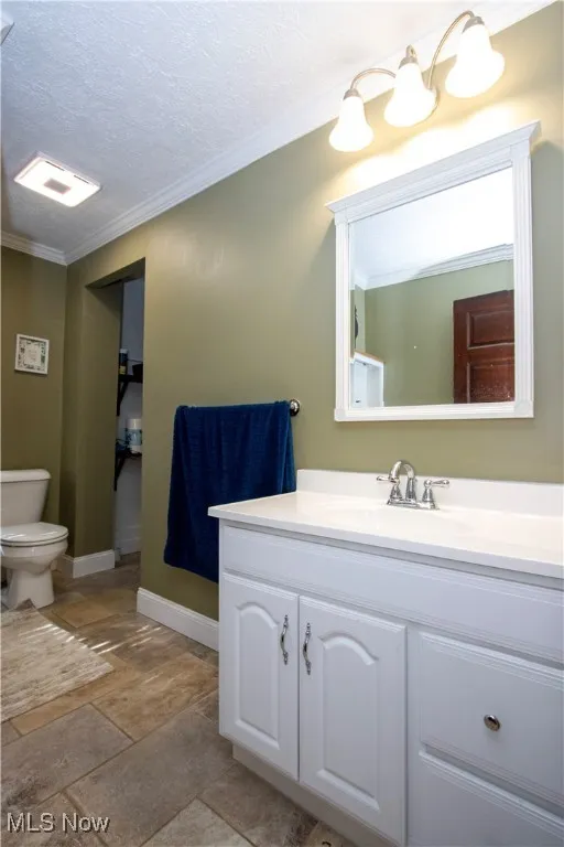 Full bath featuring ornamental molding, vanity, a textured ceiling, and stone tile floors