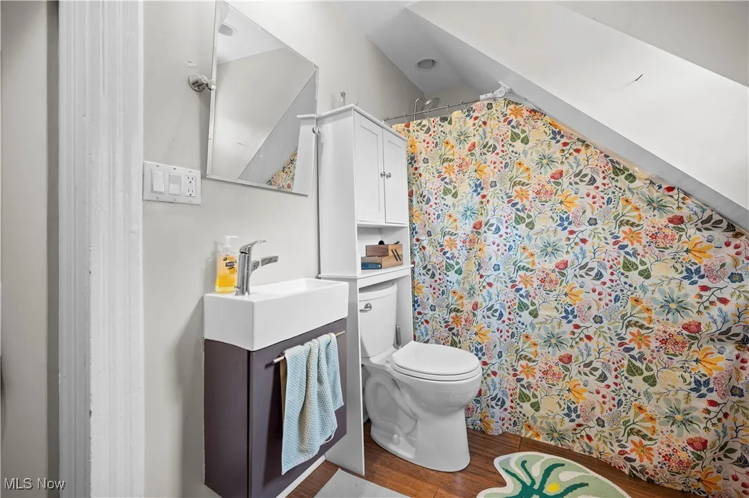 Bathroom with dark wood finished floors, a shower with shower curtain, and vanity