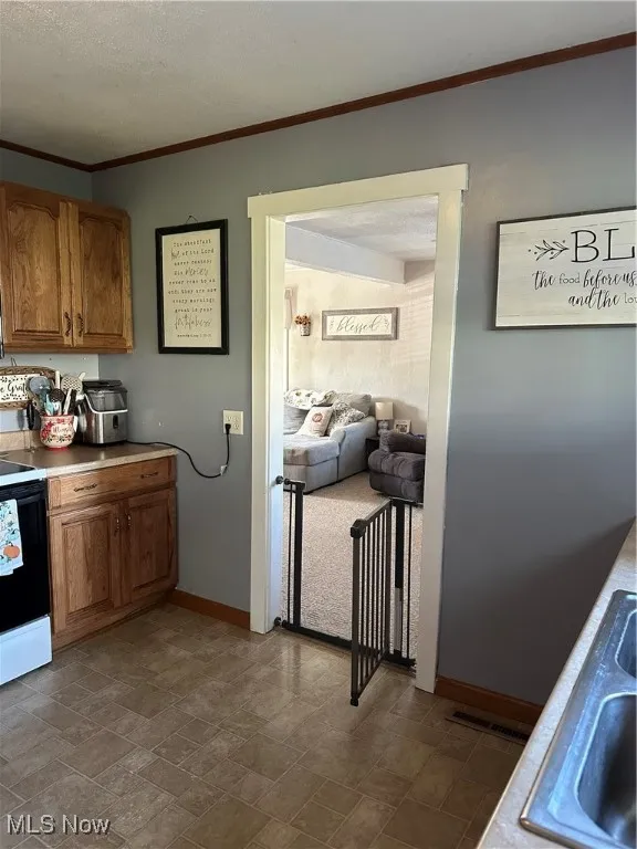Kitchen featuring crown molding, brown cabinetry, stove, stone finish floors, and light countertops