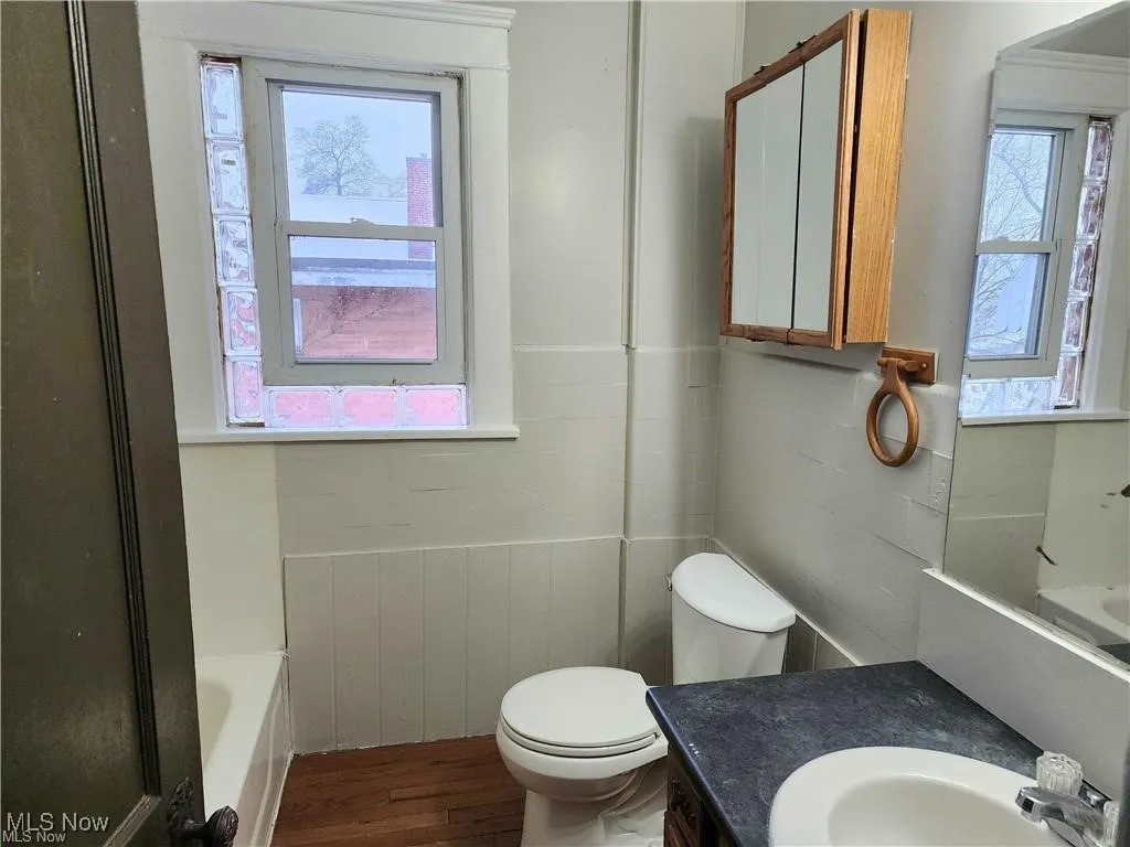 Full bathroom featuring wainscoting, wood finished floors, a bath, vanity, and healthy amount of natural light