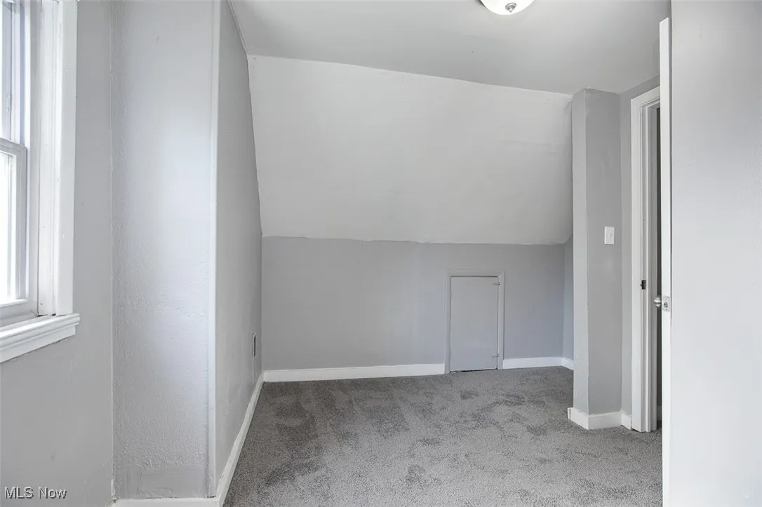 Additional living space with light colored carpet and lofted ceiling