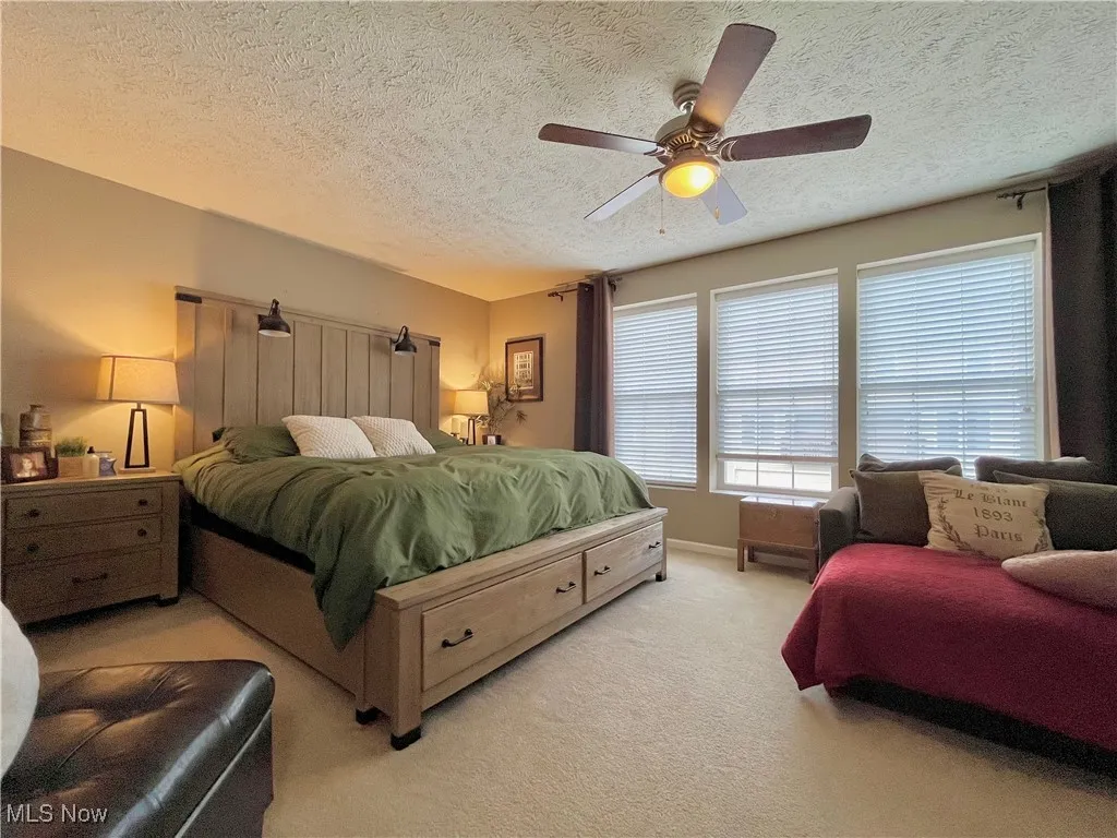 Primary bedroom with ceiling fan and multiple windows.