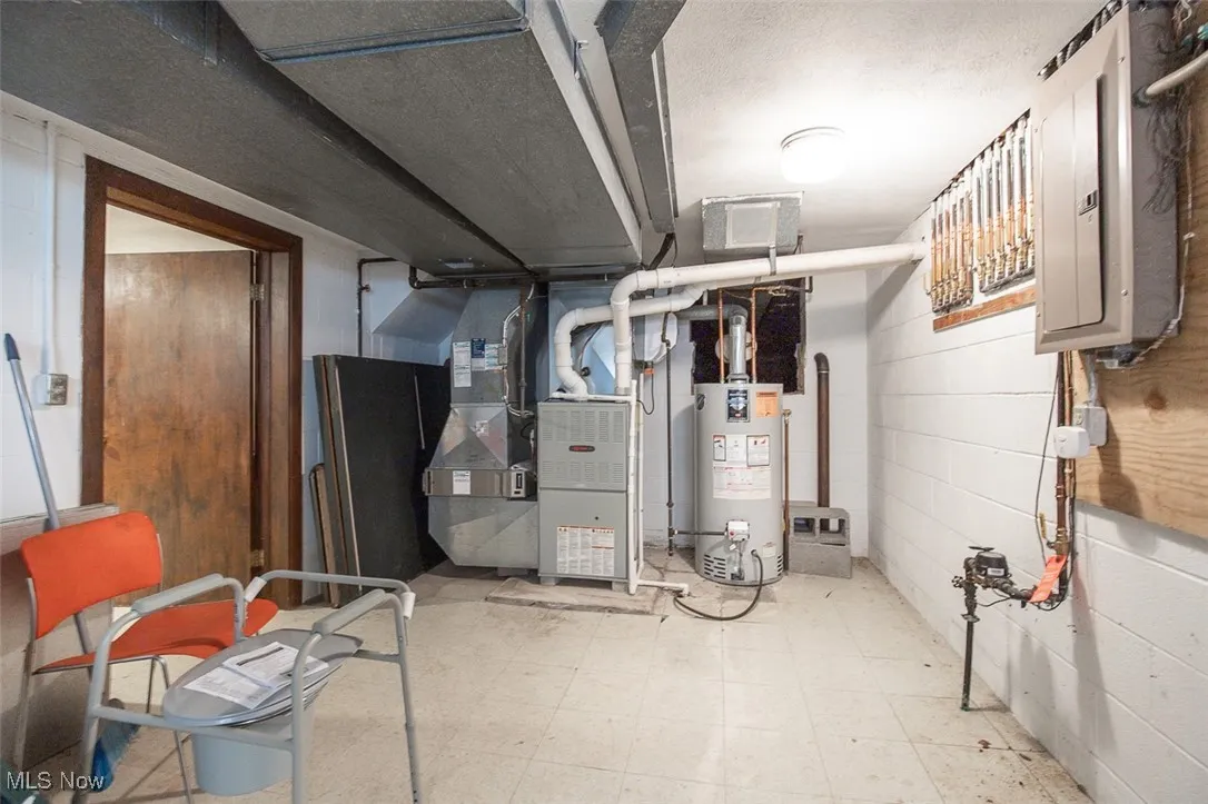 Utility room featuring electric panel, water heater, and heating unit