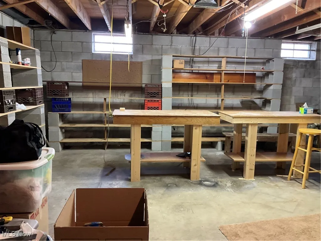 Basement featuring healthy amount of natural light and a workshop area