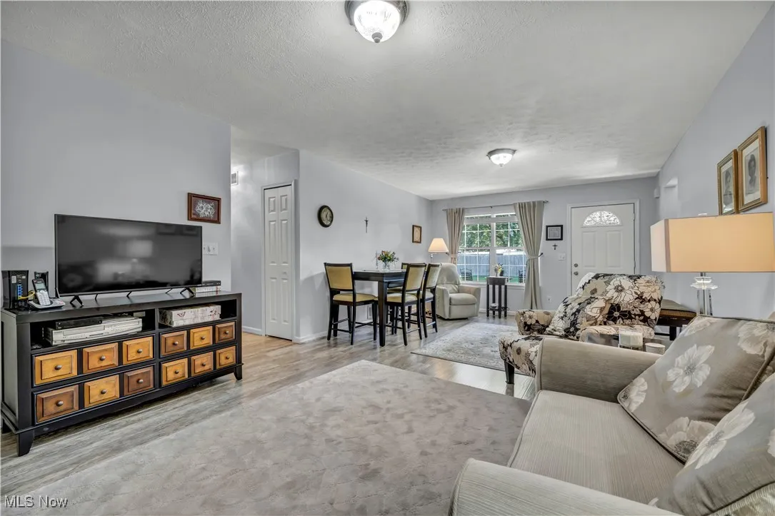Living area with a textured ceiling and light wood finished floors