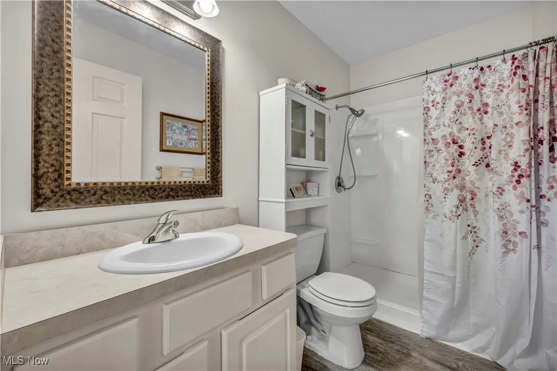 Full bathroom featuring a stall shower, vanity, and dark wood-style flooring