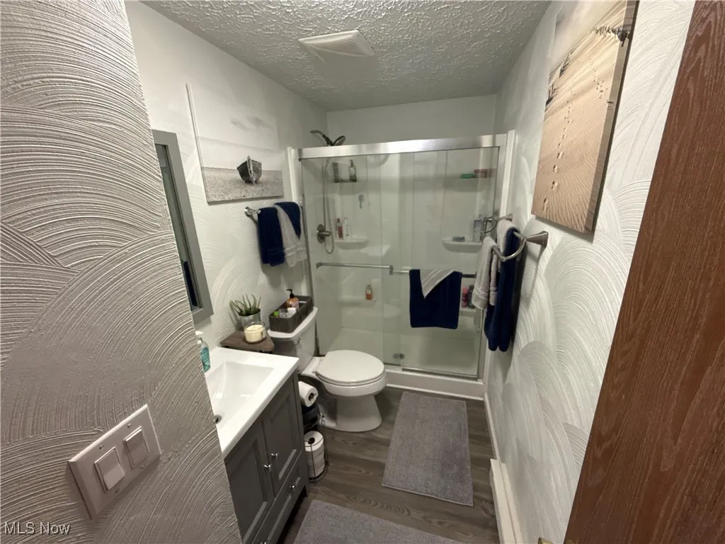 Full bathroom with vanity, dark wood-style floors, a shower stall, and a textured ceiling