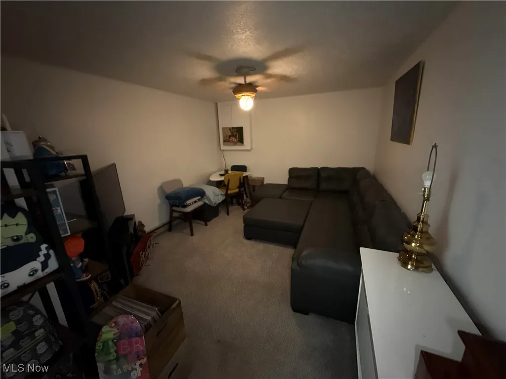 Living room featuring carpet floors and a textured ceiling