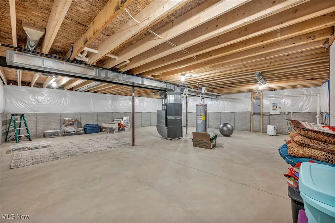 Unfinished below grade area with heating unit, electric water heater, and electric panel