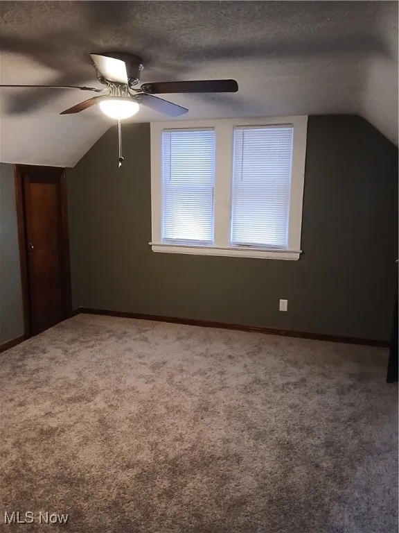 Additional living space featuring lofted ceiling, a textured ceiling, and carpet flooring