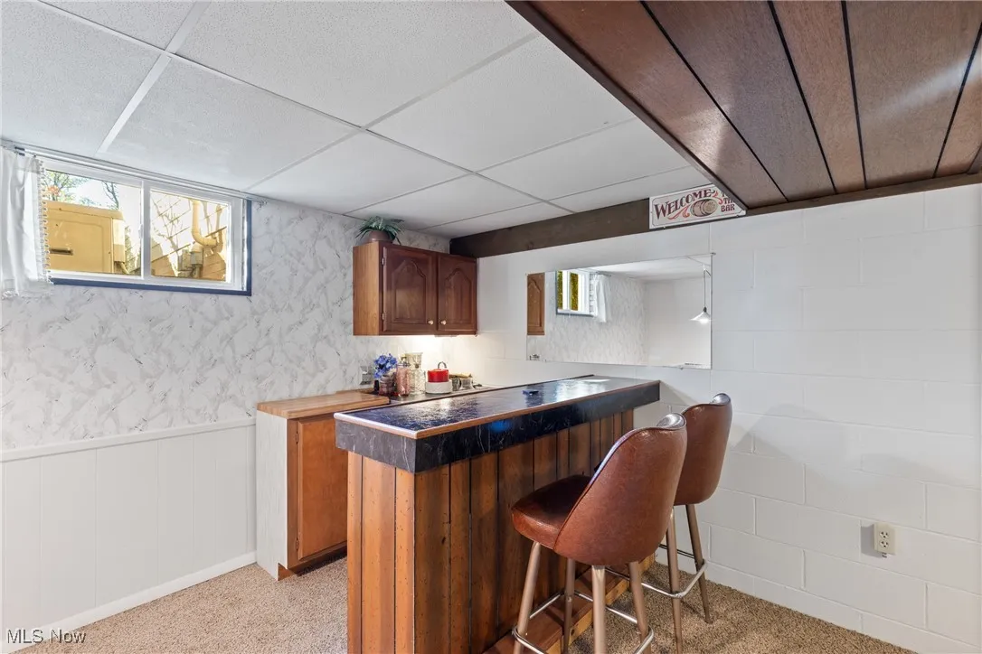 Indoor dry bar with a paneled ceiling, wainscoting, light carpet, brown cabinetry, and wallpapered walls