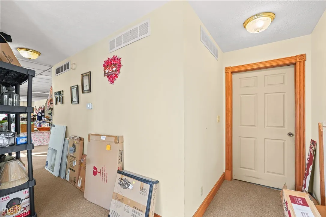 Corridor with light carpet and baseboards