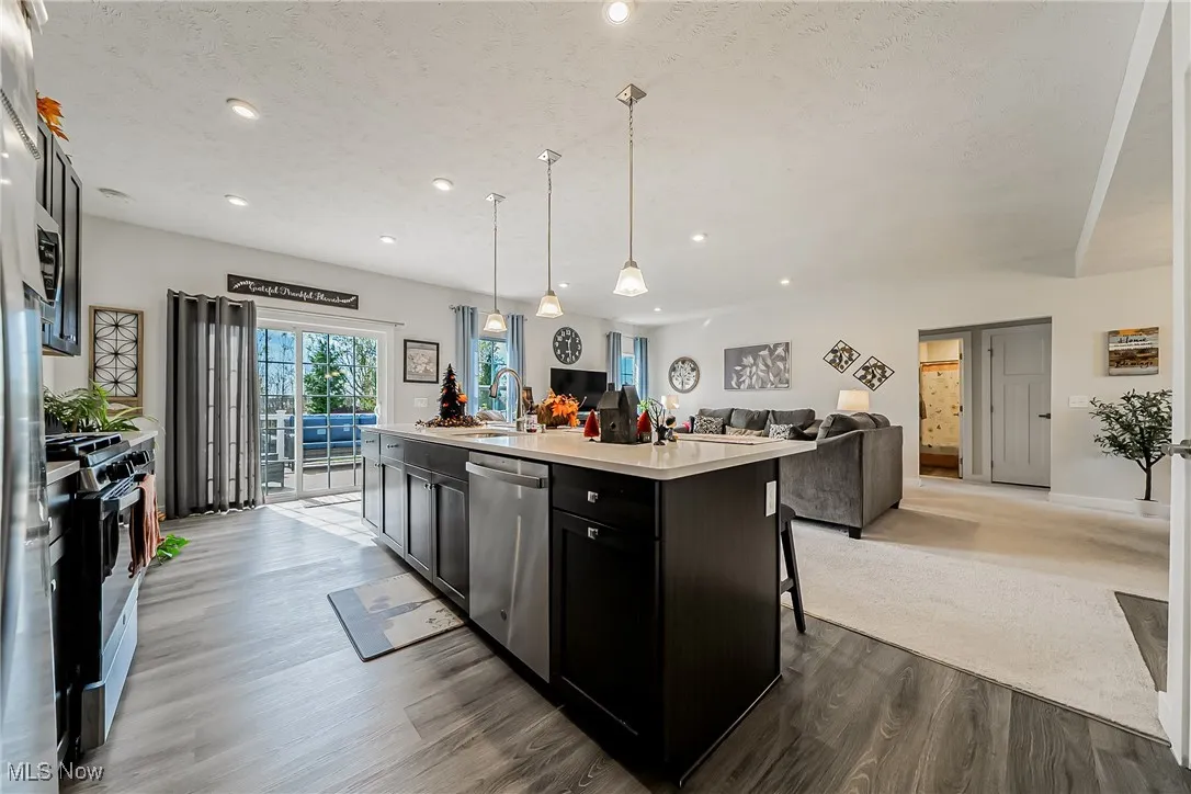 Kitchen with a kitchen island with sink, decorative light fixtures, open floor plan, dark cabinets, and stainless steel appliances