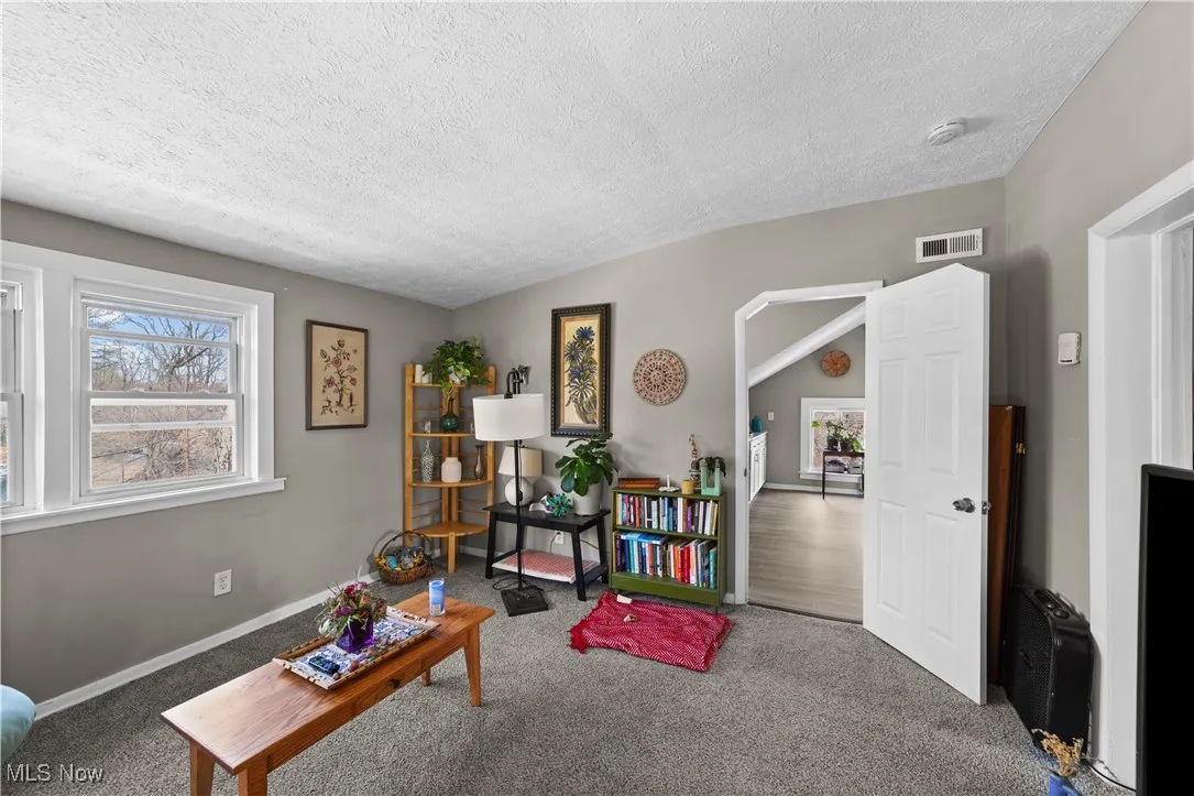 Living area with carpet floors and a textured ceiling