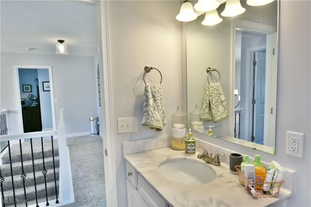 Bathroom featuring light colored carpet and vanity