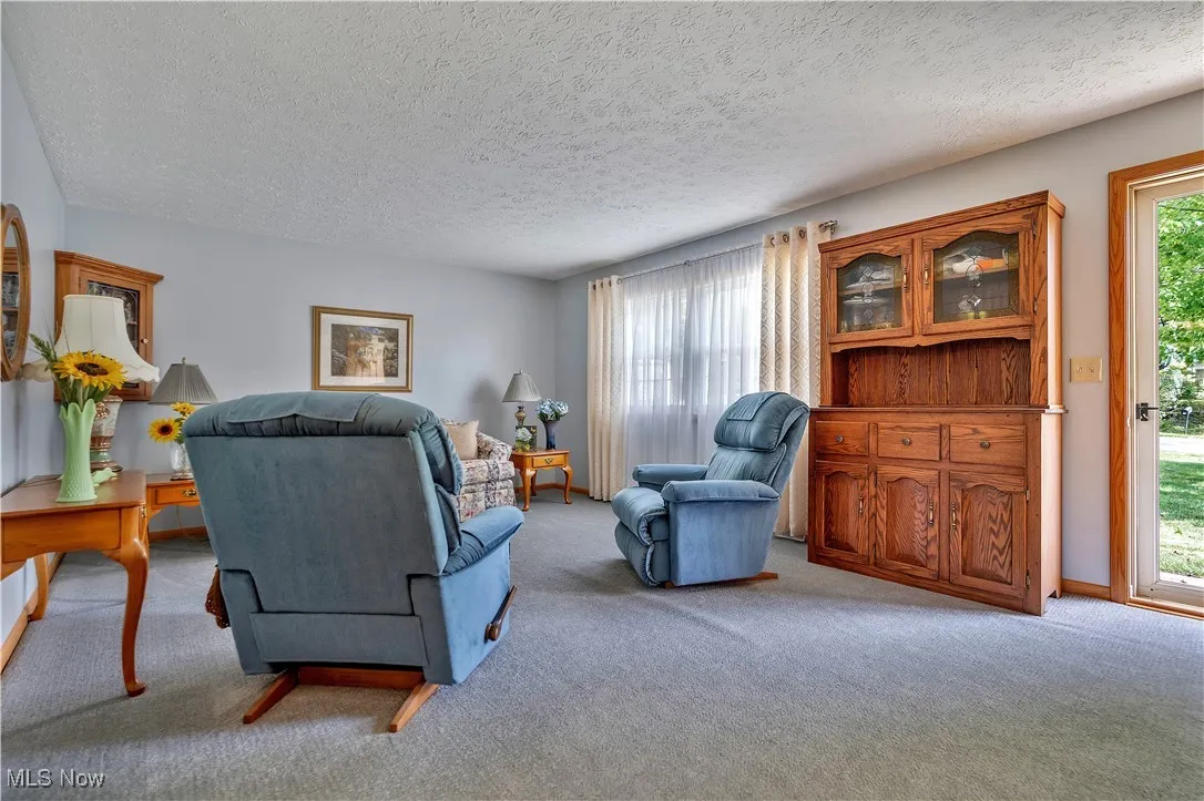 Living area featuring a textured ceiling and light carpet