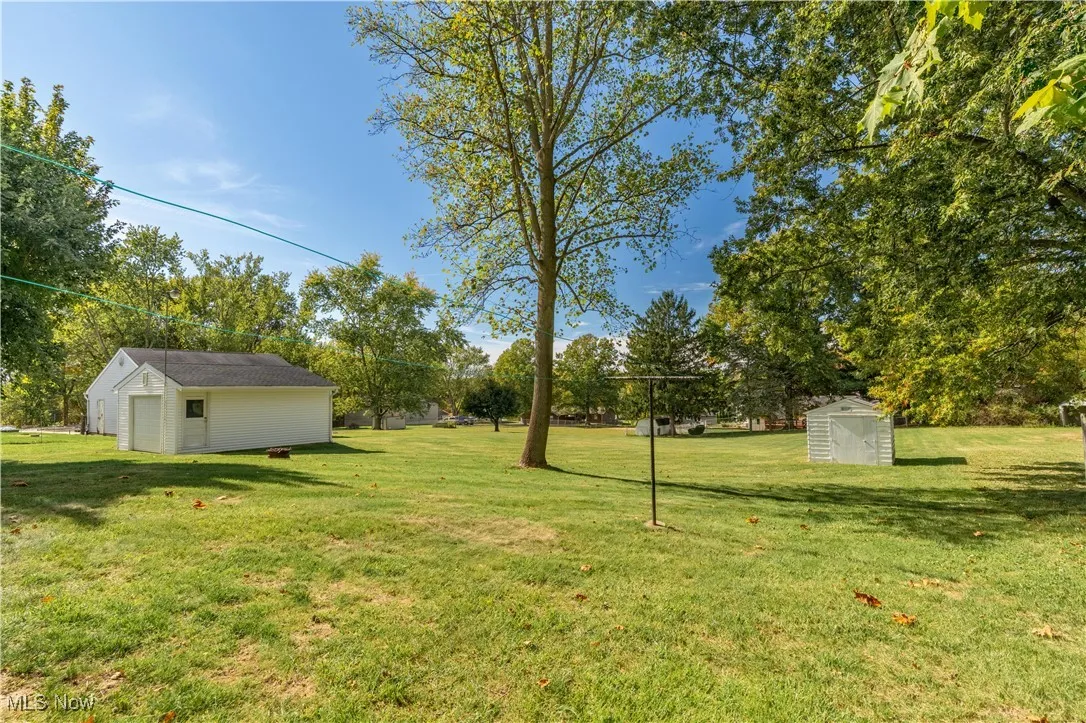View of green lawn with a storage shed and view of scattered trees