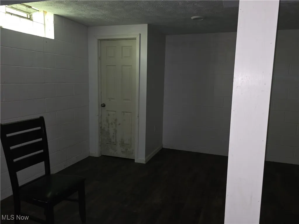 Basement with dark wood-style flooring and a textured ceiling