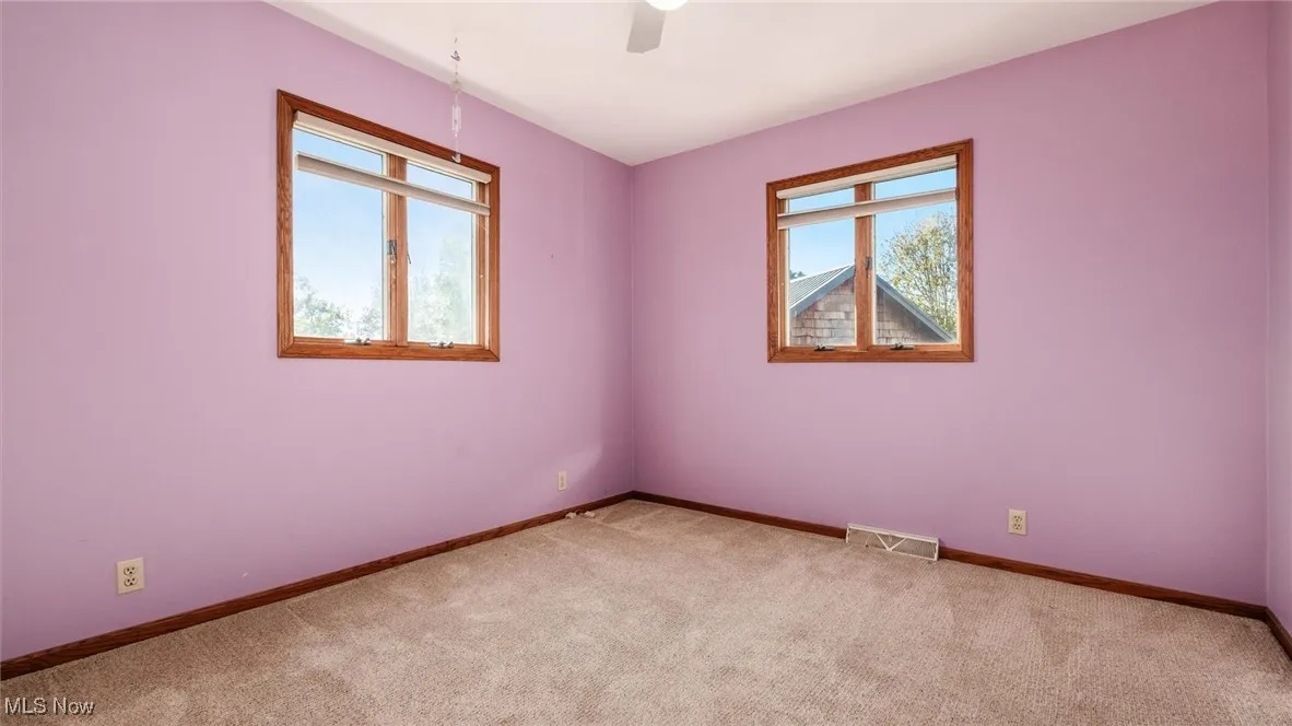 Unfurnished room with healthy amount of natural light, carpet floors, and ceiling fan