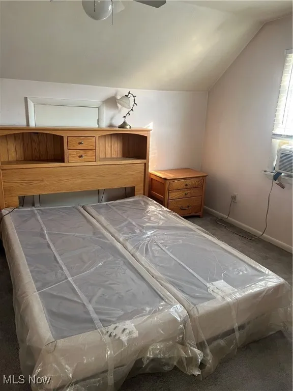 Carpeted bedroom featuring vaulted ceiling and a ceiling fan