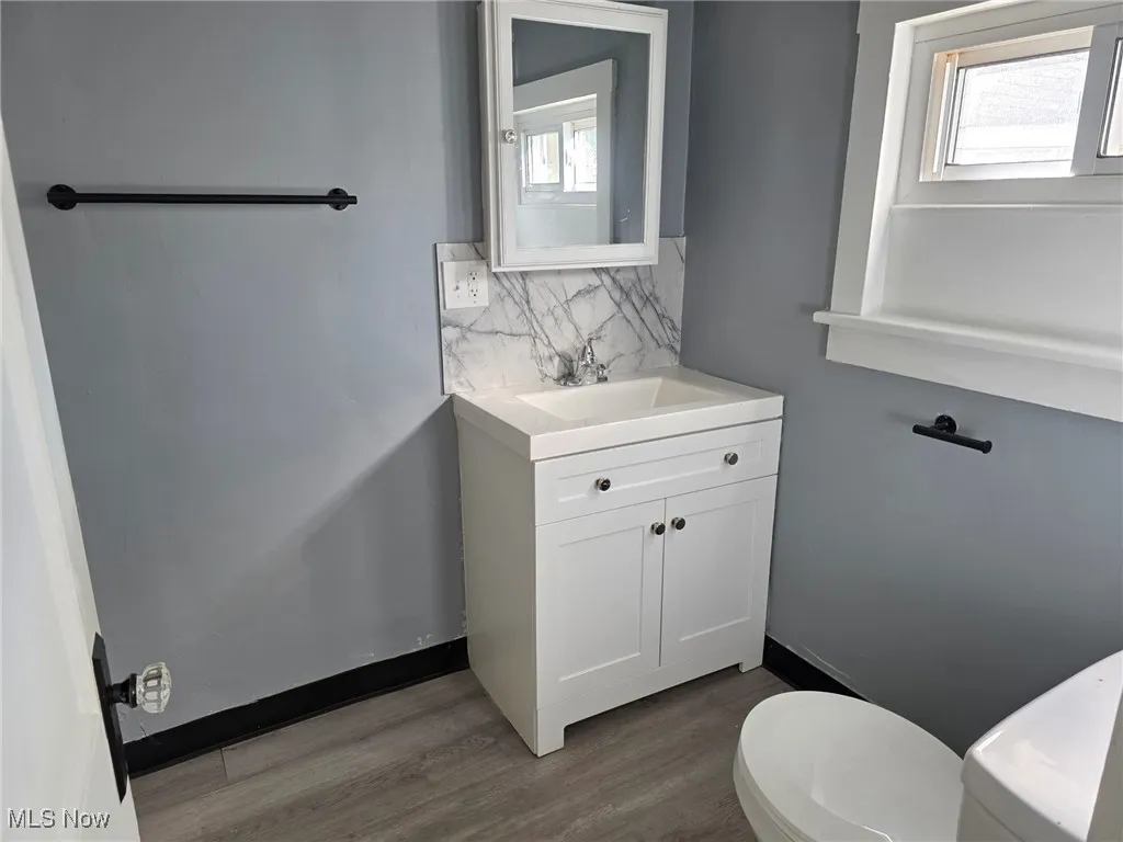 Half bathroom with vanity, decorative backsplash, dark wood finished floors, and healthy amount of natural light