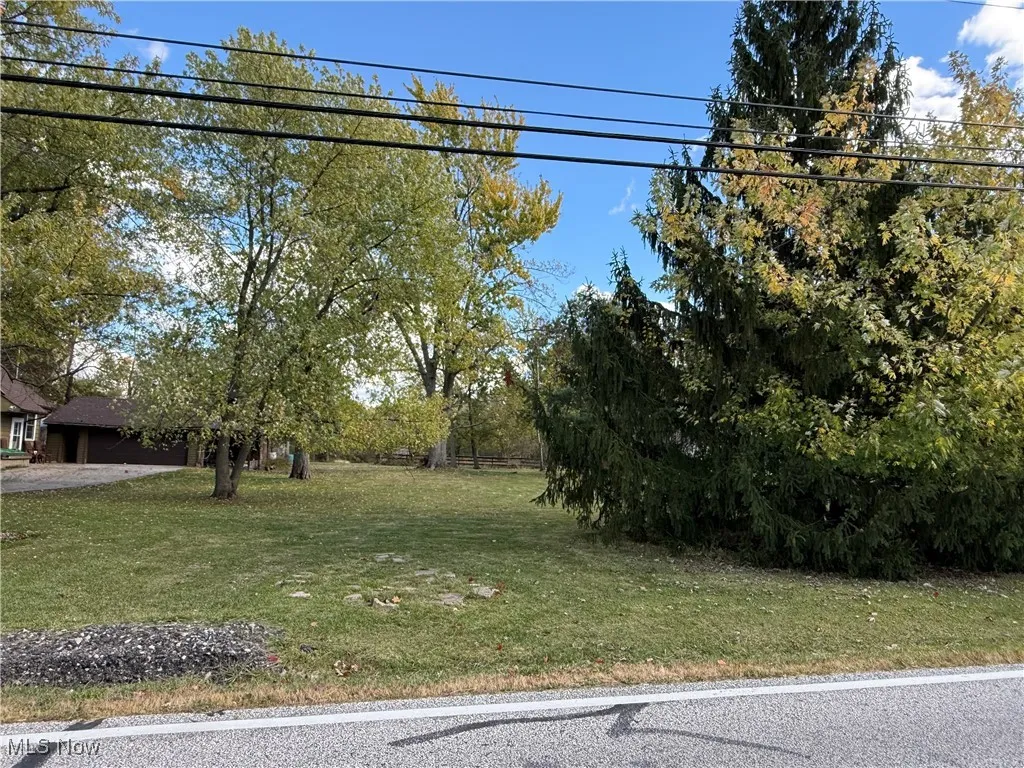 View of green lawn featuring view of wooded area