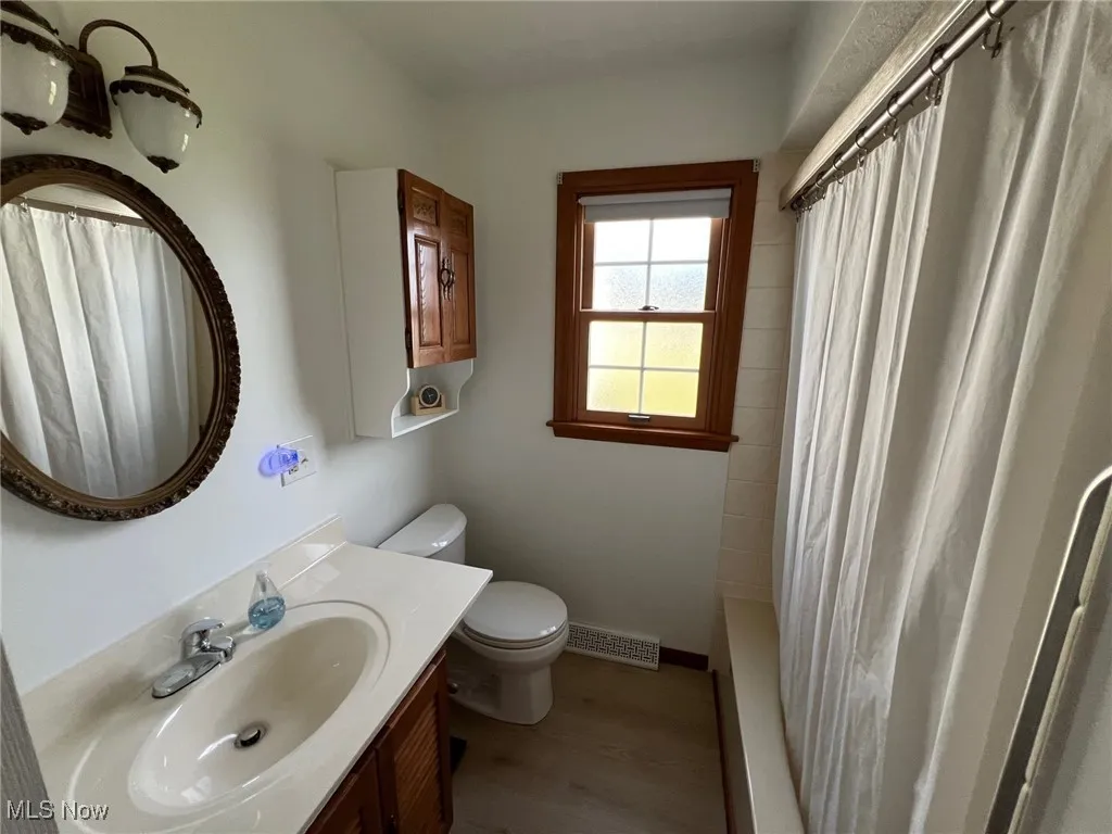 Full bathroom featuring vanity, wood finished floors, and a shower with shower curtain