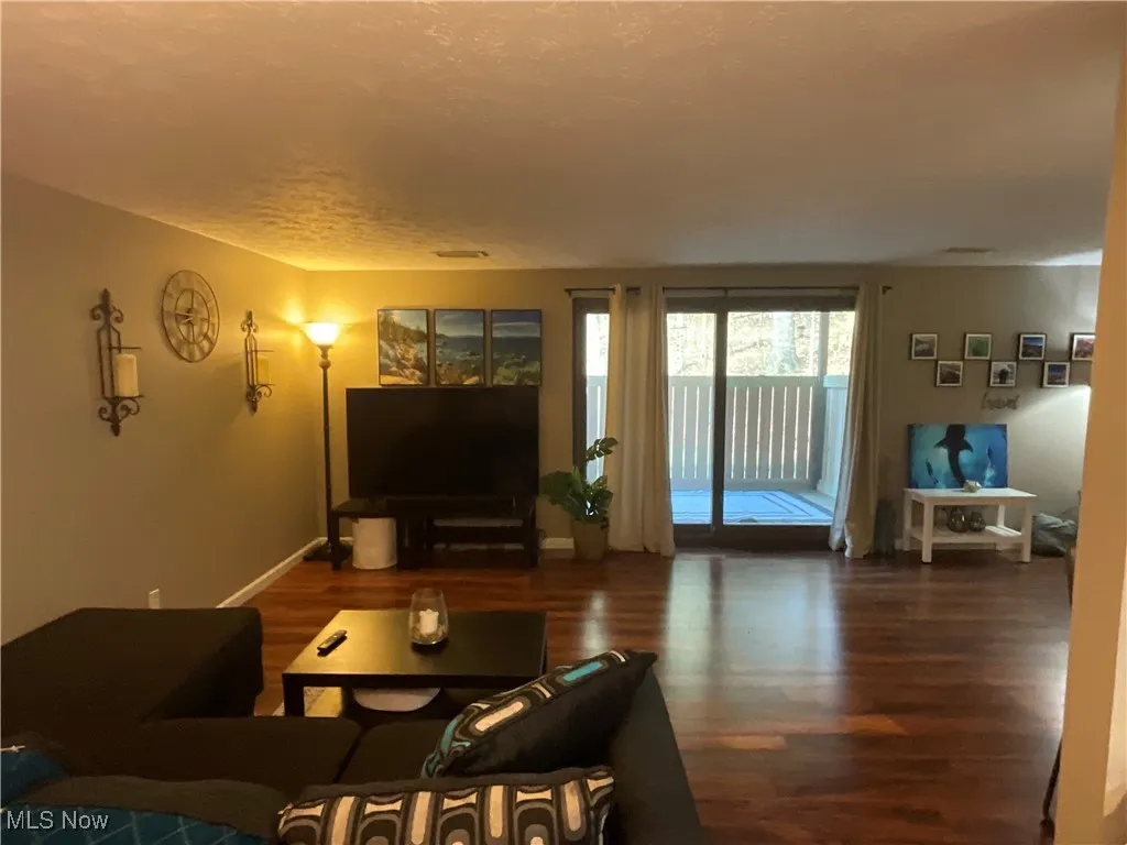Living area with dark wood-style floors and a textured ceiling