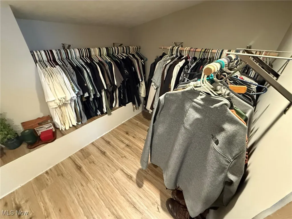 Walk in closet with light wood-type flooring