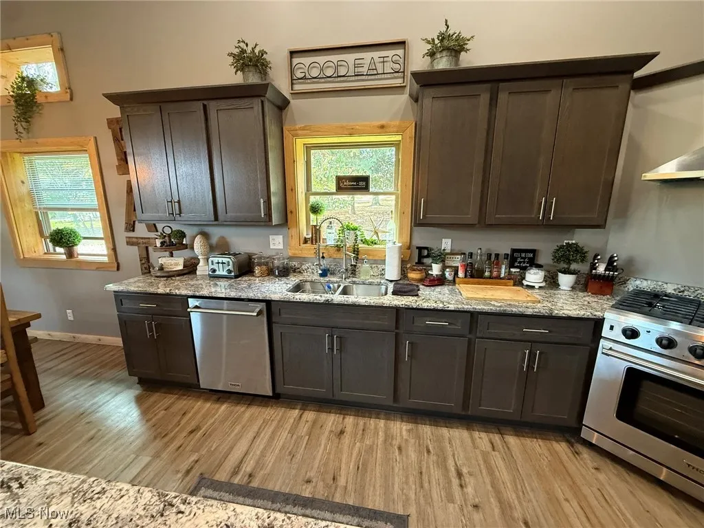 Kitchen featuring appliances with stainless steel finishes, light stone countertops, dark brown cabinets, light wood-type flooring, and ventilation hood