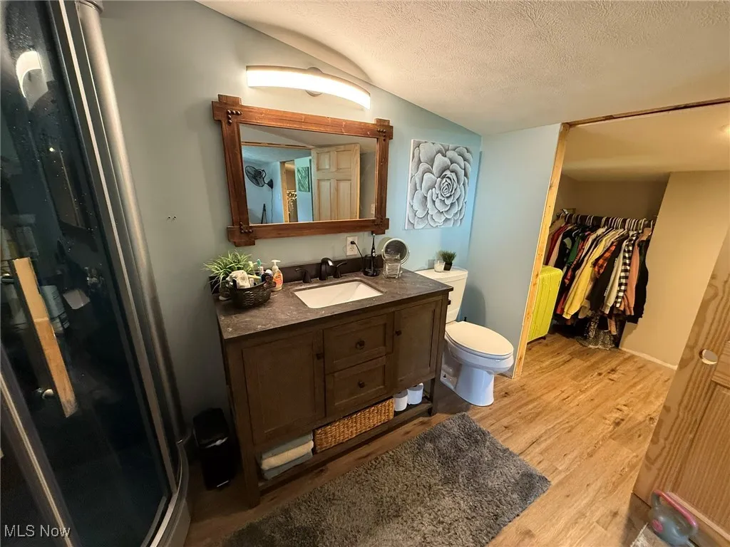Bathroom featuring vanity, light wood finished floors, a textured ceiling, a spacious closet, and a shower