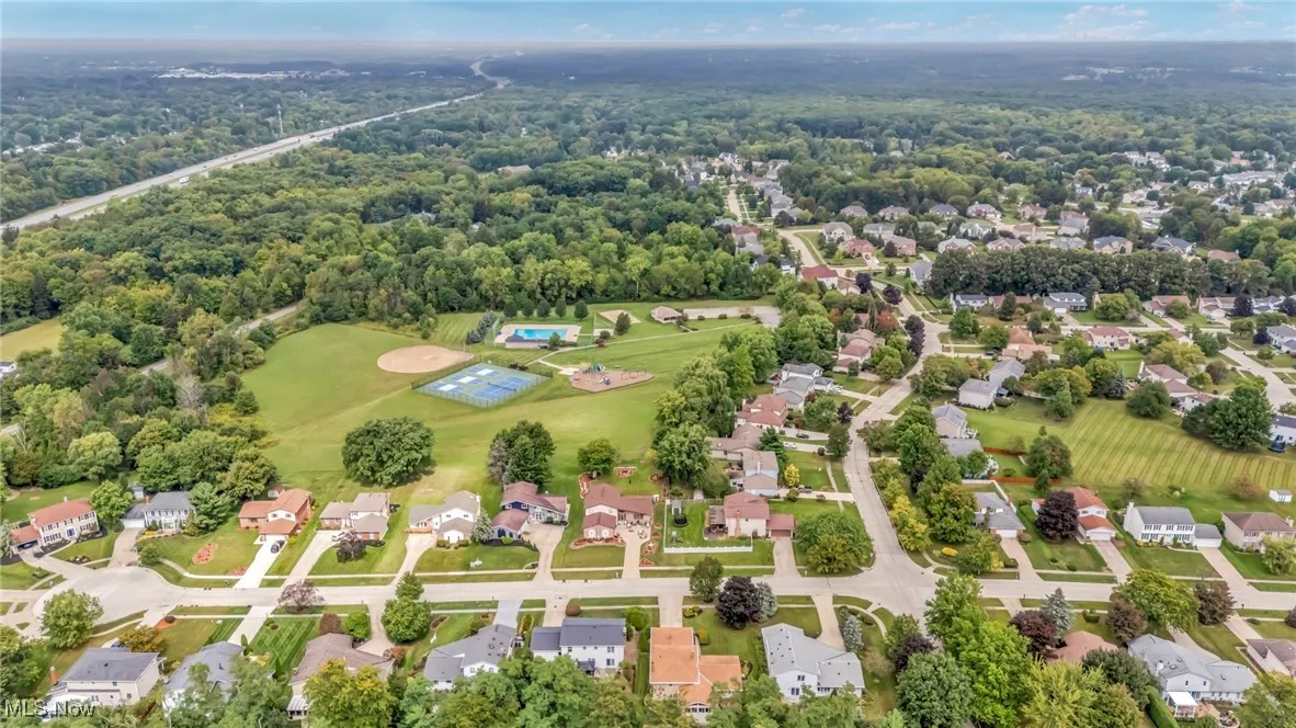 Aerial view of residential area with a forest