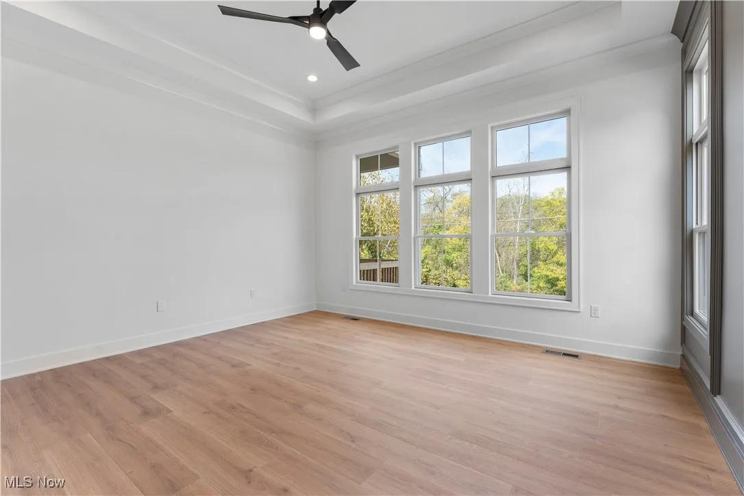 Spare room with a tray ceiling, light wood-style flooring, crown molding, a ceiling fan, and recessed lighting