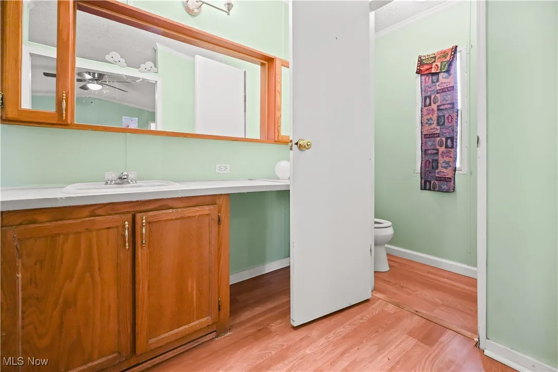 Bathroom featuring light wood-type flooring, vanity, ceiling fan, and crown molding
