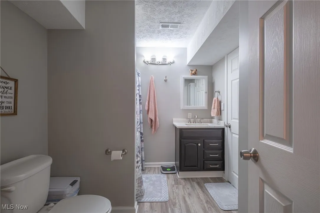 Bathroom featuring a textured ceiling, vanity, light wood finished floors, and a shower with shower curtain