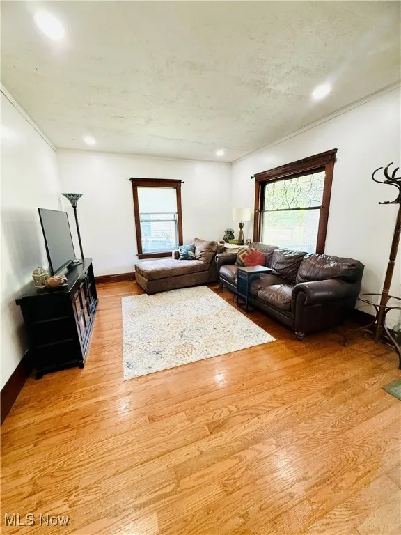 Living room featuring light wood-style floors, a textured ceiling, and recessed lighting