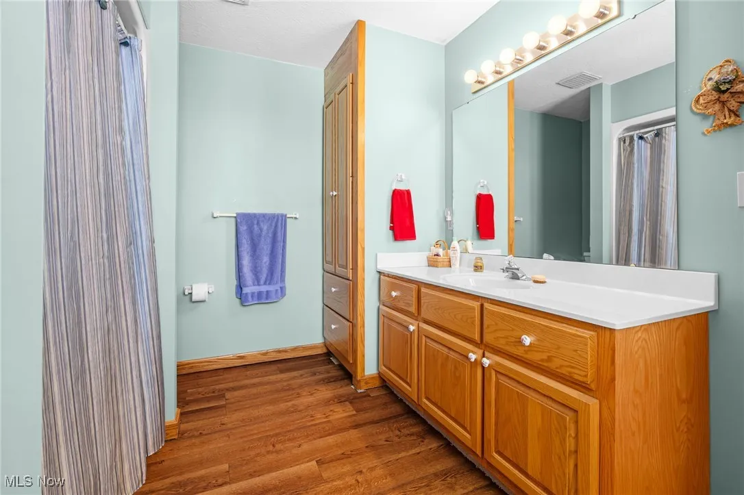 Bathroom with vanity, a shower with shower curtain, and dark wood finished floors
