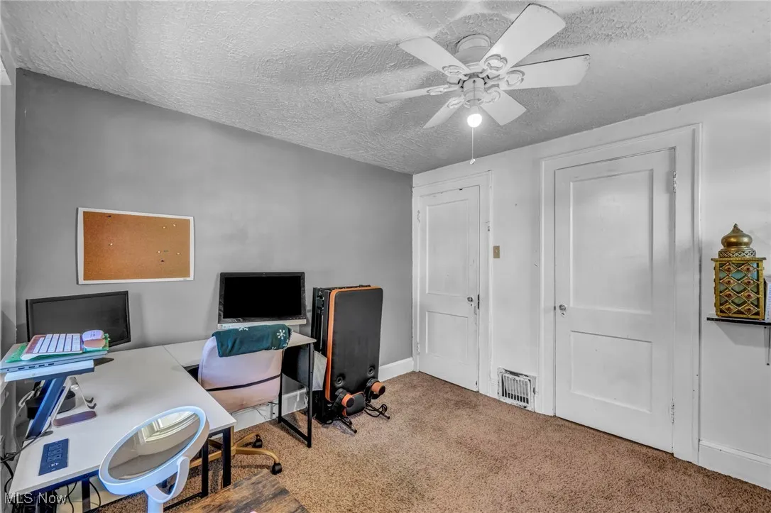 Office area featuring carpet flooring, ceiling fan, and a textured ceiling