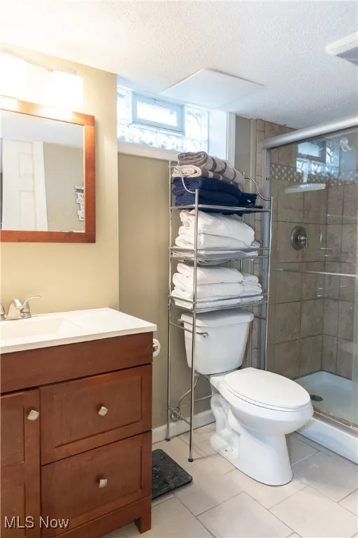 Full bathroom with light tile patterned floors, a textured ceiling, vanity, a shower stall, and plenty of natural light