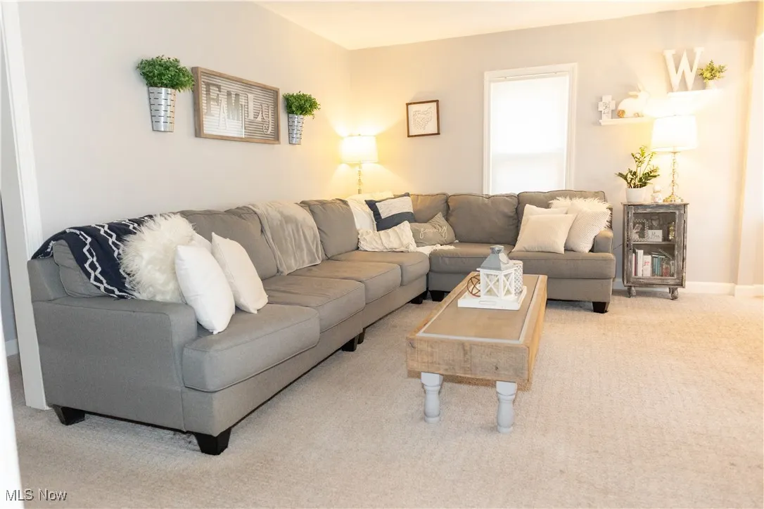 Carpeted living area with baseboards