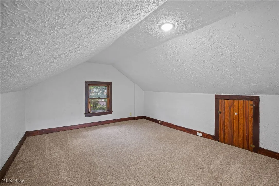 Bonus room with carpet, a textured ceiling, and vaulted ceiling
