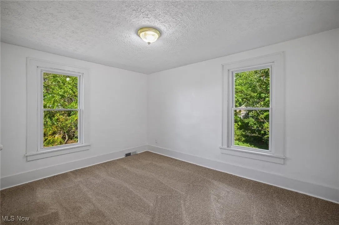 Unfurnished room featuring carpet and a textured ceiling