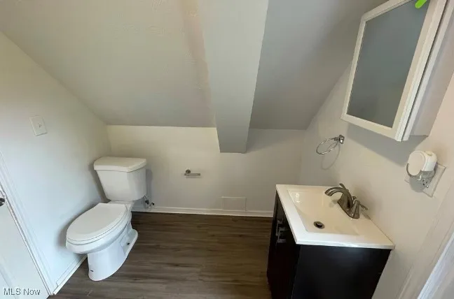 Half bathroom featuring vanity, dark wood finished floors, and vaulted ceiling