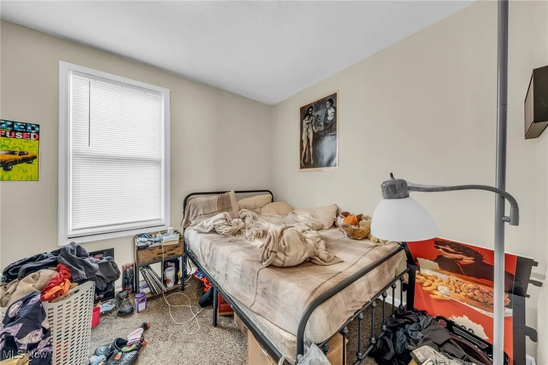 Bedroom featuring light colored carpet