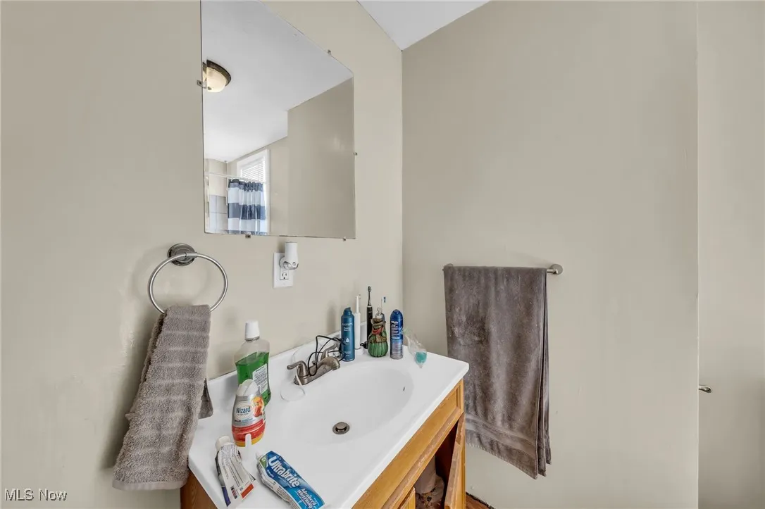 Full bathroom featuring vanity and a shower with shower curtain