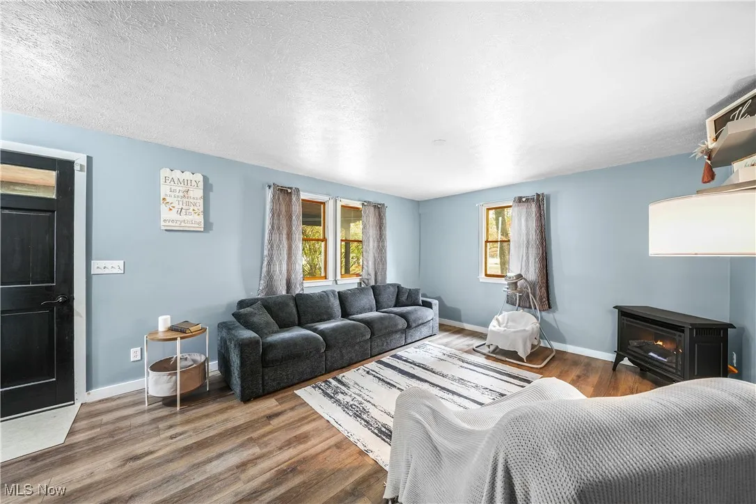 Living area with a wood stove, wood finished floors, and a textured ceiling