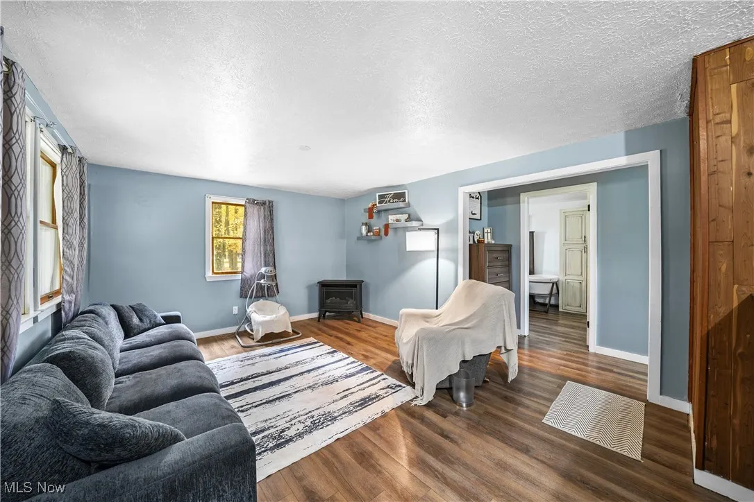 Living area featuring a textured ceiling, dark wood finished floors, and a wood stove